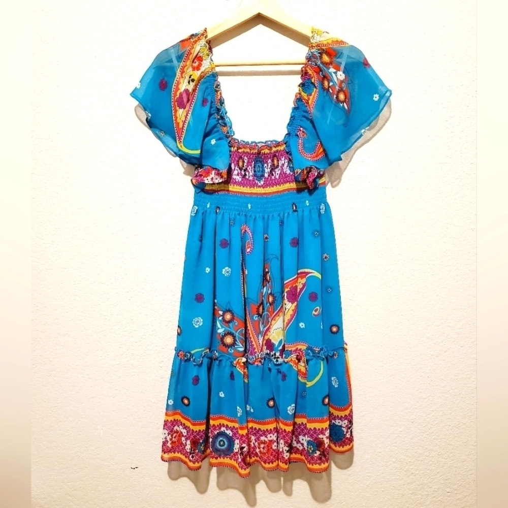 RAMPAGE Boho Smocked Square Neck Flirty Turquoise Dress